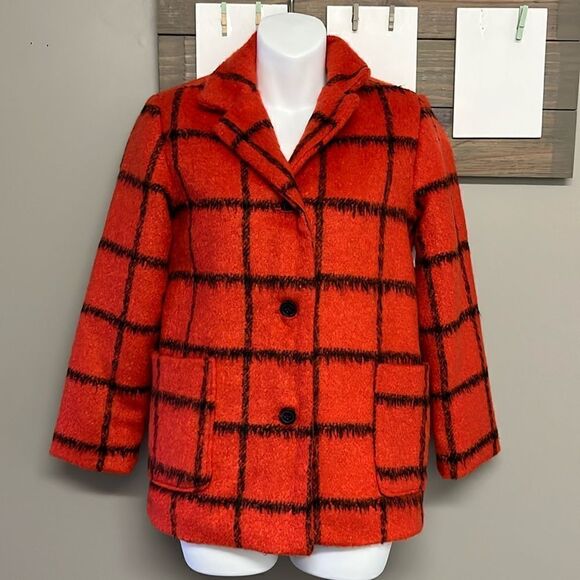 Old Navy Girl’s Red and Black Checked Peacoat Lined Jacket w/ Pockets- Lge 10/12 - Picture 1 of 16